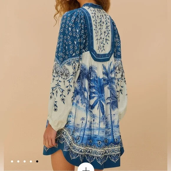 NWT Farm Rio Palm Tree Off White and blue balloon sleeve mini dress womens Small - Picture 2 of 6